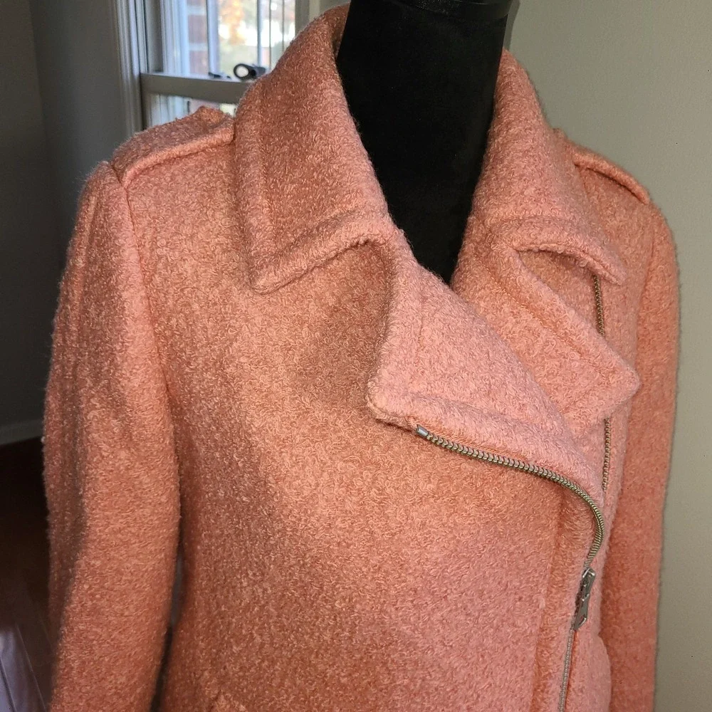 NWOT LOFT Marled Moto‎ Wooly Pea coat Size XS Pink Side zipper shoulder lapels